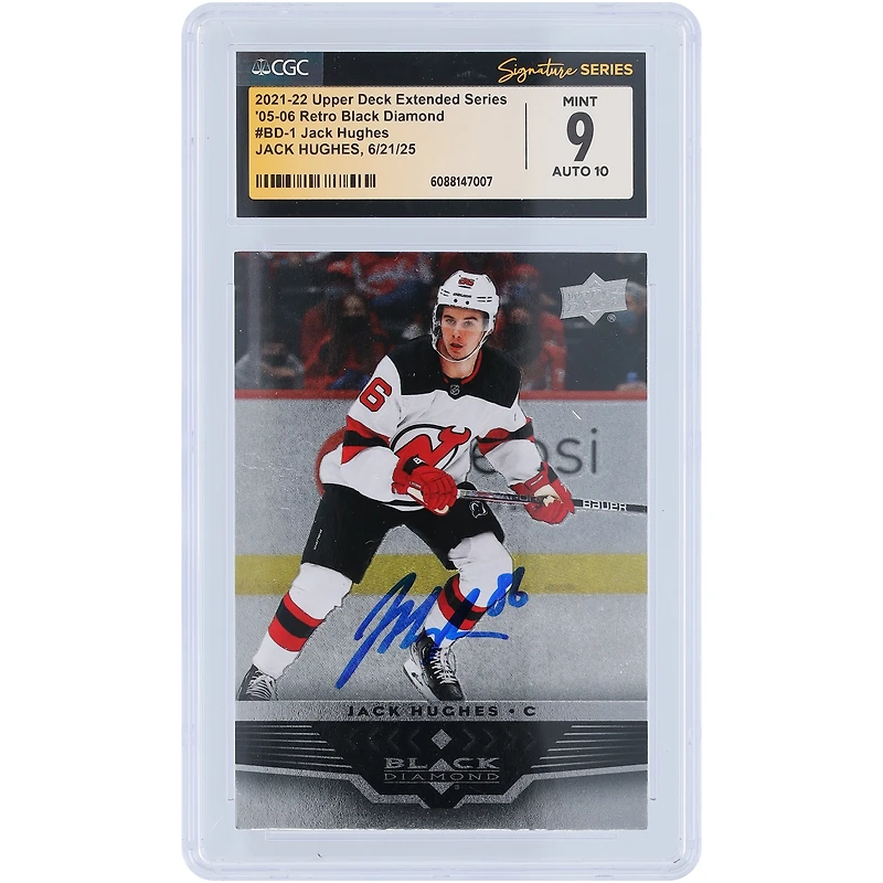 Jack Hughes New Jersey Devils Autographed 2021-22 Upper Deck Extended Series Black Diamond #BD-1 CGC Fanatics Witnessed Authenticated 9/10 Card