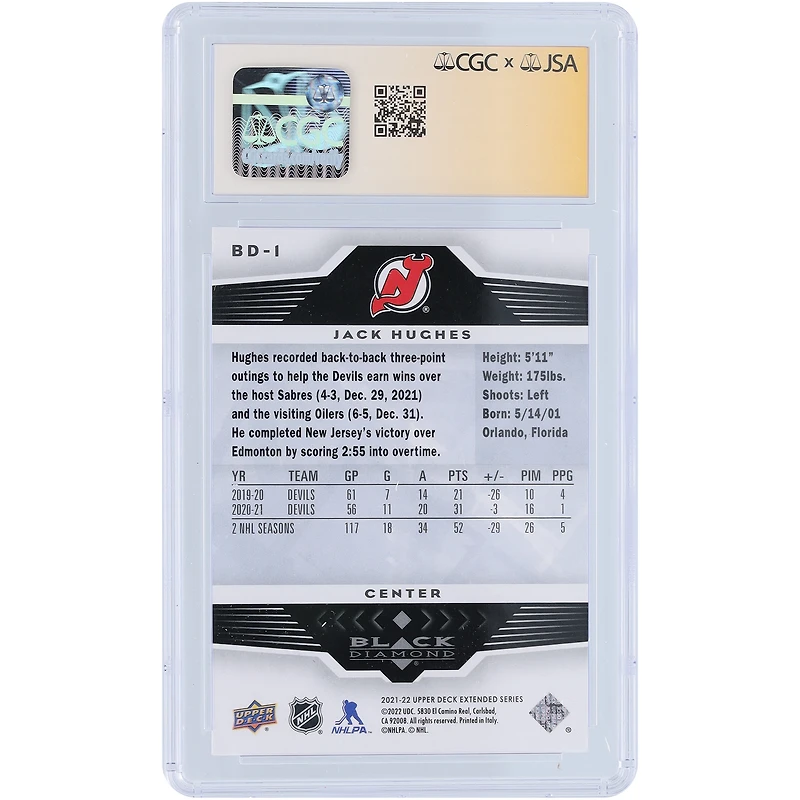 Jack Hughes New Jersey Devils Autographed 2021-22 Upper Deck Extended Series Black Diamond #BD-1 CGC Fanatics Witnessed Authenticated 9/10 Card