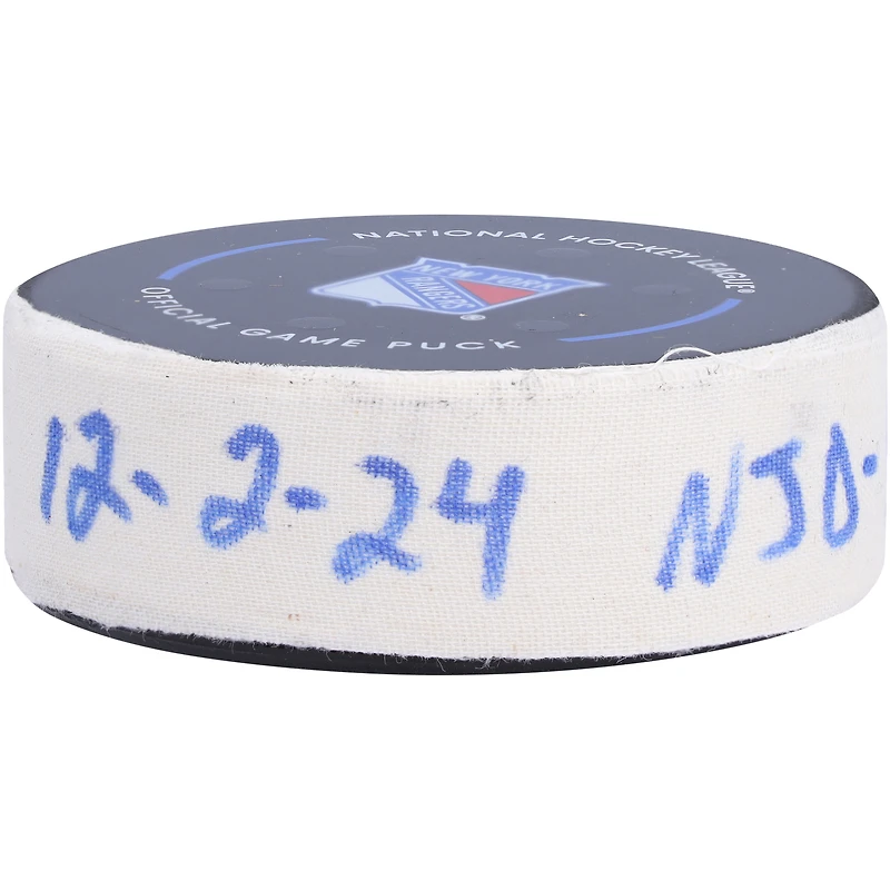 Jack Hughes New Jersey Devils Game-Used Goal Puck from December 2, 2024 vs. New York Rangers - Second of Two Goals Scored