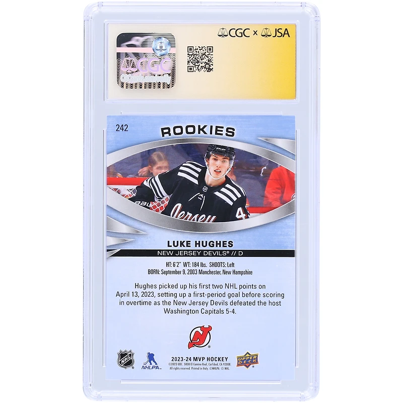 Carte autographiée 10/10 Upper Deck MVP #242 2023-24 des Devils du New Jersey signée Luke Hughes, témoin des fanatiques de la CGC