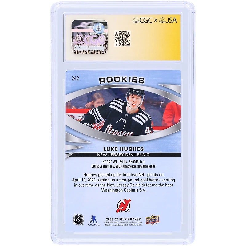 Luke Hughes New Jersey Devils Autographié 2023-24 Upper Deck MVP #242 CGC Fanatics Witnessed Authenticated 9/10 Card