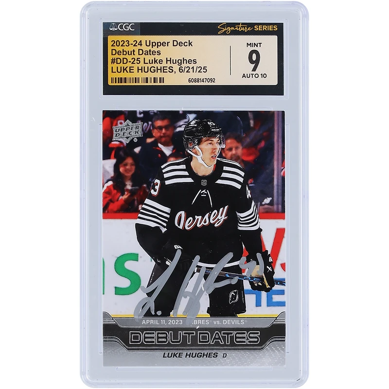 Luke Hughes New Jersey Devils Autographed 2023-24 Upper Deck Series 1 Debut Dates #DD-25 CGC Fanatics Witnessed Authenticated /10 Rookie Card