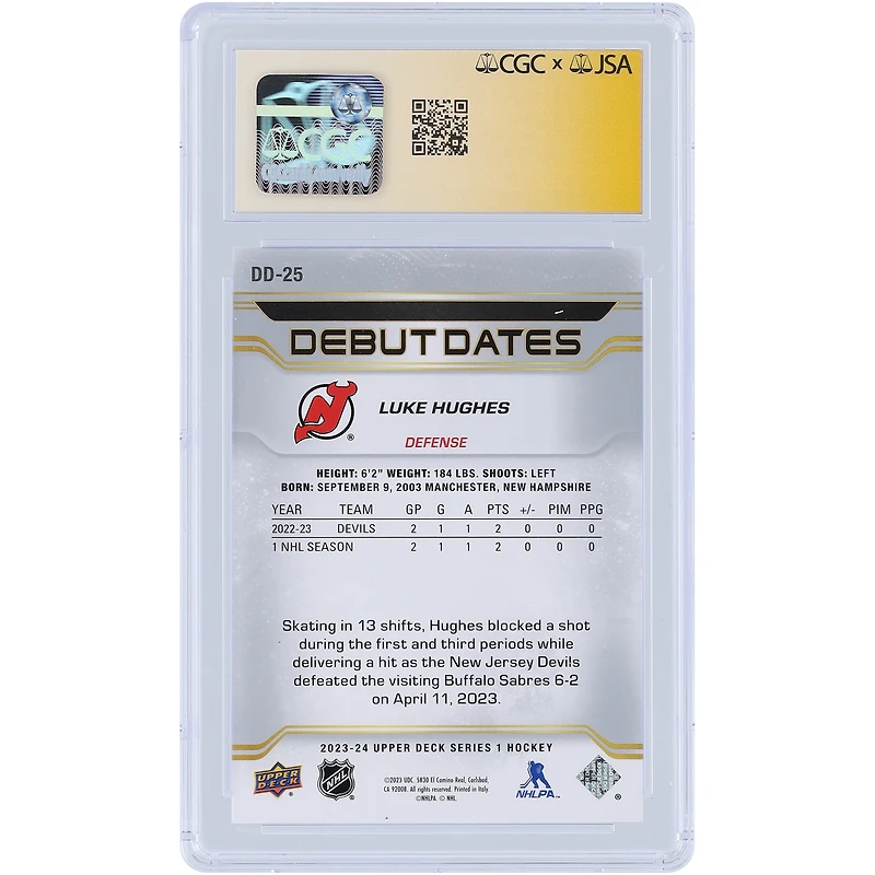 Luke Hughes New Jersey Devils Autographed 2023-24 Upper Deck Series 1 Debut Dates #DD-25 CGC Fanatics Witnessed Authenticated /10 Rookie Card