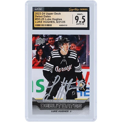Carte de recrue autographiée de Luke Hughes (New Jersey Devils), série 1 Upper Deck 2023-24, dates de début, n° DD-25, authentifiée par CGC Fanatics Witnessed, note 9,5/10