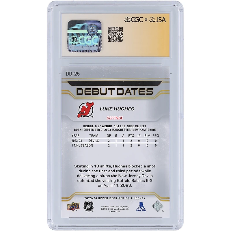 Luke Hughes New Jersey Devils Autographed 2023-24 Upper Deck Series 1 Debut Dates Silver Ink #DD-25 CGC Fanatics Witnessed Authenticated Rookie Card