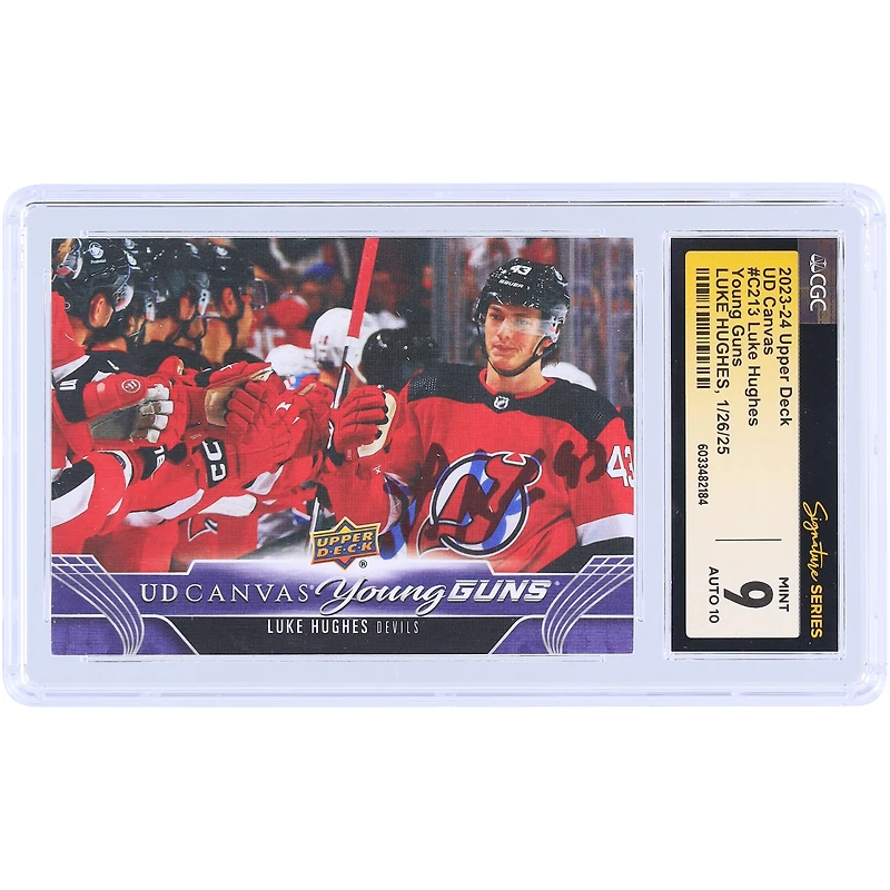 Carte de recrue autographiée 9/10 de Luke Hughes, Devils du New Jersey, Upper Deck Series 2, Young Guns, 2023-24, n° C213, CGC Fanatics, témoin
