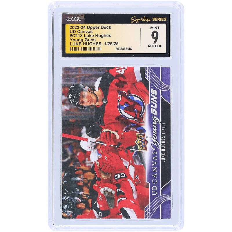 Carte de recrue autographiée 9/10 de Luke Hughes, Devils du New Jersey, Upper Deck Series 2, Young Guns, 2023-24, n° C213, CGC Fanatics, témoin