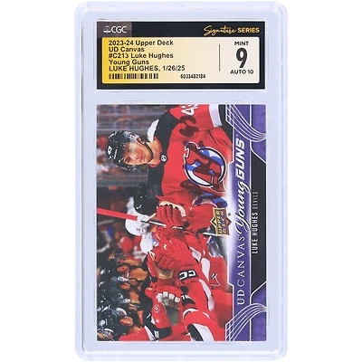 Carte de recrue autographiée 9/10 de Luke Hughes, Devils du New Jersey, Upper Deck Series 2, Young Guns, 2023-24, n° C213, CGC Fanatics, témoin