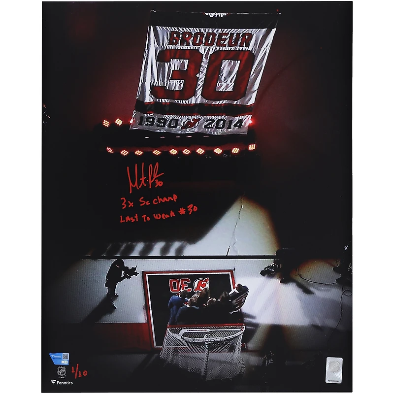 Martin Brodeur New Jersey Devils Autographed 16" x 20" Jersey Retirement Ceremony Photograph with Multiple Inscriptions
