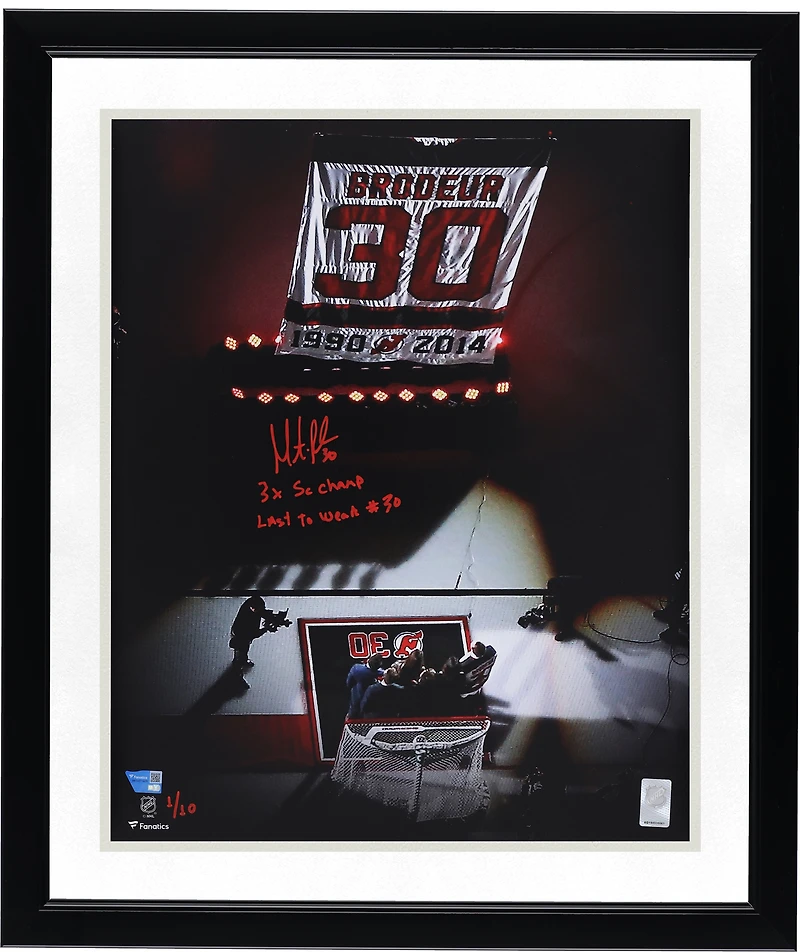 Martin Brodeur New Jersey Devils Autographed 16" x 20" Jersey Retirement Ceremony Photograph with Multiple Inscriptions