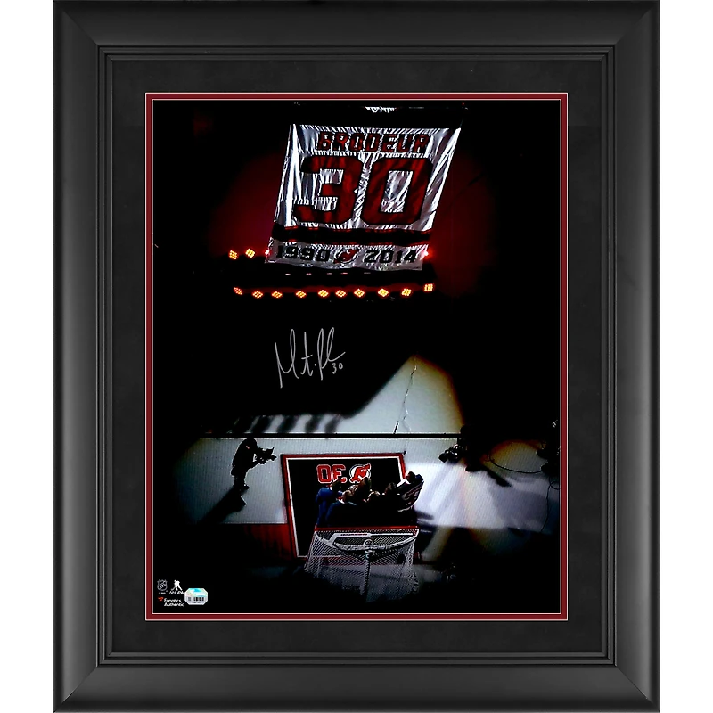 Martin Brodeur New Jersey Devils Framed Autographed 16" x 20" Jersey Retirement Night Banner Raising Photograph