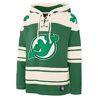 Sweat à capuche lacets avec nom et numéro de joueur Jack Hughes Kelly Green New Jersey Devils St. Patrick's Day pour homme
