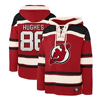 Men's '47 Jack Hughes Red New Jersey Devils Player Lacer Pullover Hoodie
