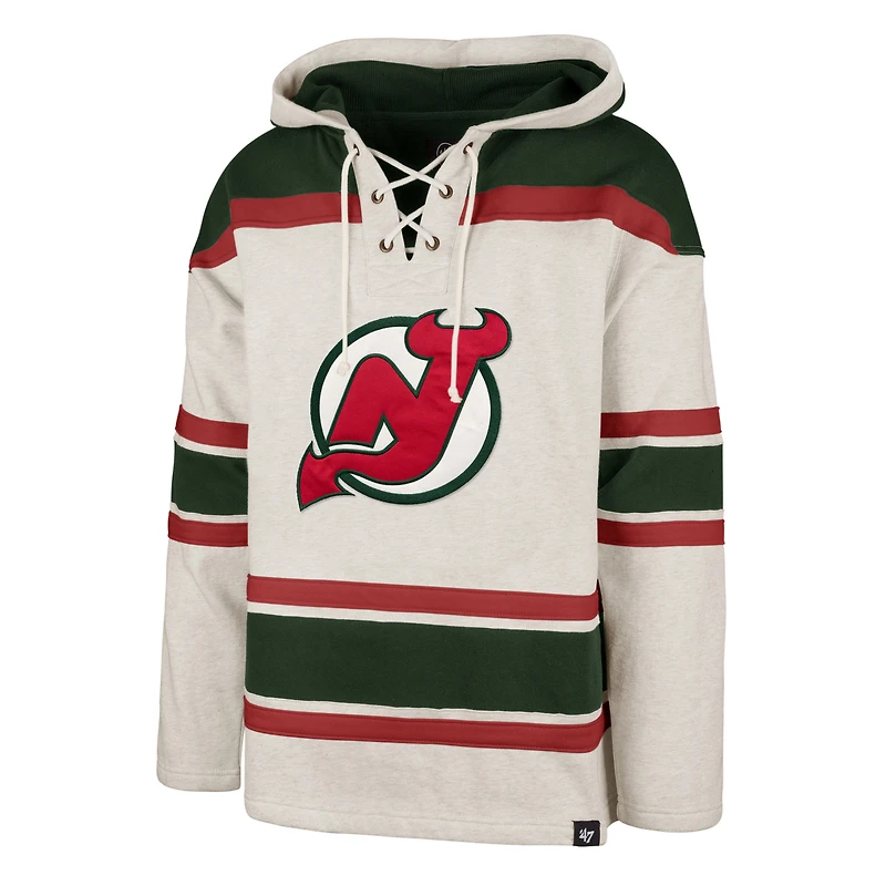 Men's '47 Oatmeal New Jersey Devils Rockaway Lace-Up Pullover Hoodie