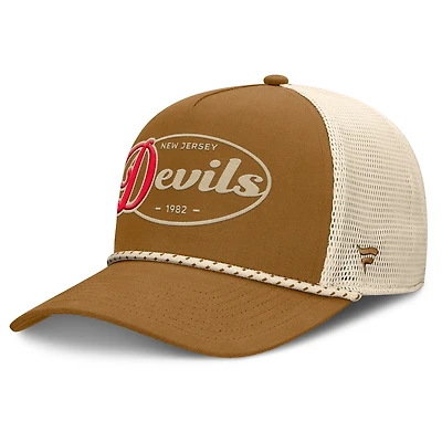 Casquette ajustable en forme de A pour homme, couleur marron/crème, style camionneur, motif Heritage Fetch des Devils du New Jersey