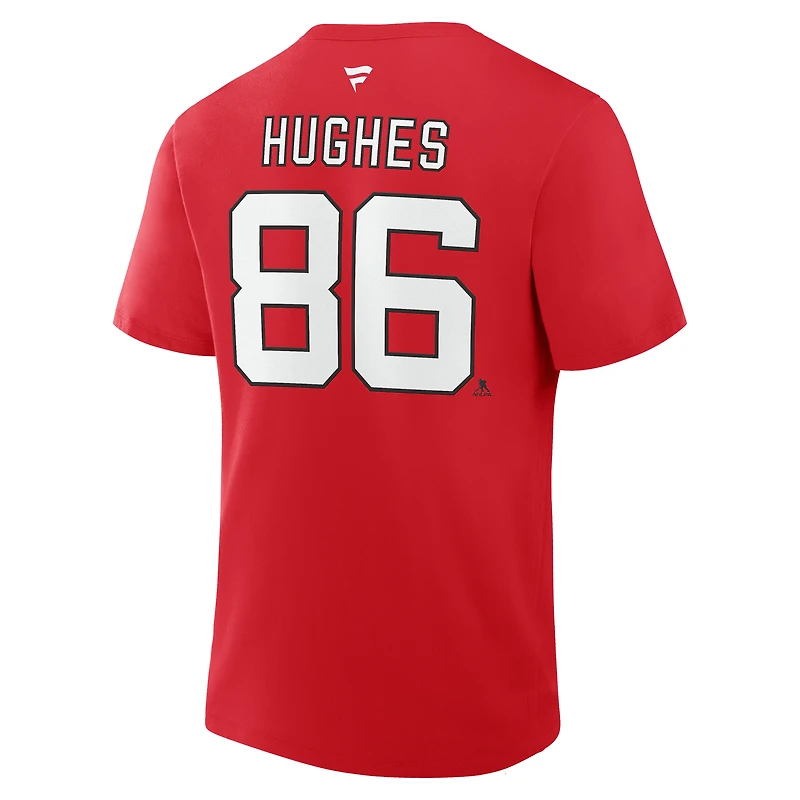 T-shirt rouge authentique pour homme Fanatics Jack Hughes des Devils du New Jersey avec nom et numéro Stack