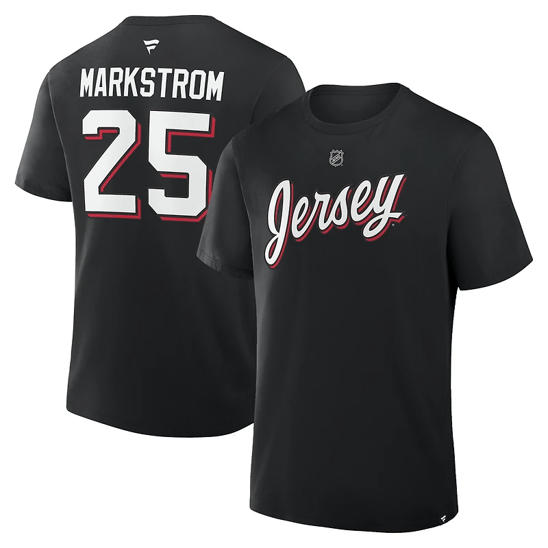 T-shirt authentique rouge fanatique Jacob Markstrom des Devils du New Jersey avec nom et numéro Stack