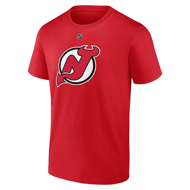T-shirt authentique Fanatics Jacob Markstrom rouge des New Jersey Devils pour homme, avec nom et numéro superposés