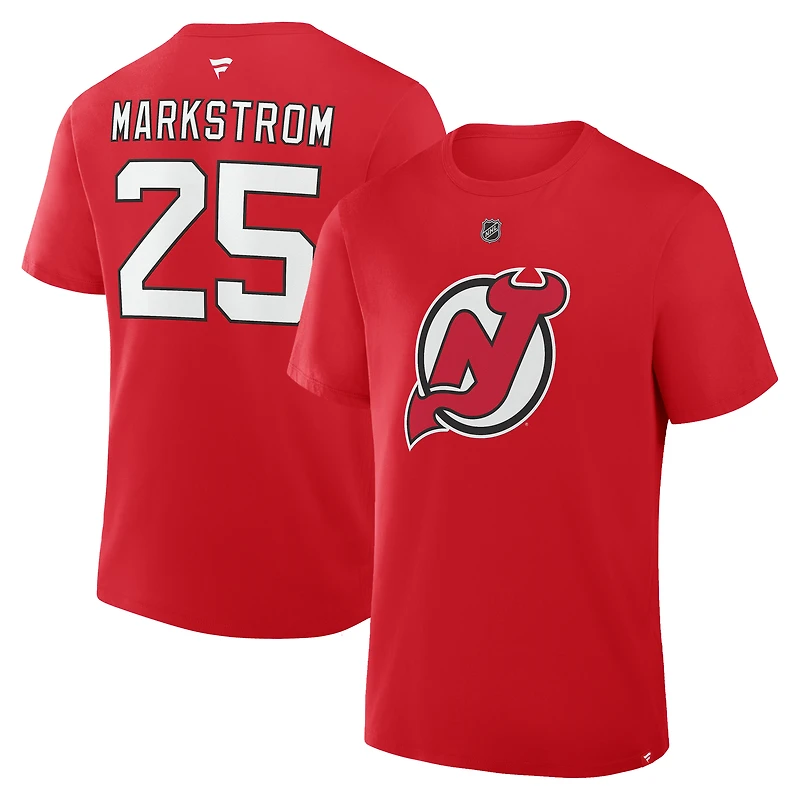 T-shirt authentique rouge fanatique Jacob Markstrom des Devils du New Jersey avec nom et numéro Stack