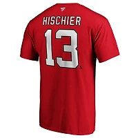 T-shirt authentique Fanatics Nico Hischier rouge des New Jersey Devils pour homme, avec nom et numéro superposés.
