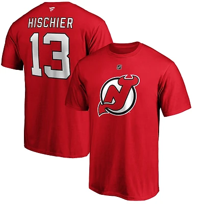 T-shirt authentique Fanatics Nico Hischier rouge des New Jersey Devils pour homme, avec nom et numéro superposés.
