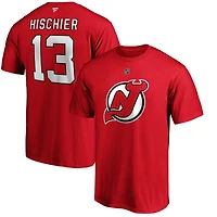 T-shirt authentique Fanatics Nico Hischier rouge des New Jersey Devils pour homme, avec nom et numéro superposés.