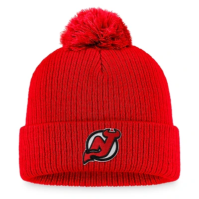 Men's Fanatics Red New Jersey Devils Primary Logo Cuffed Knit Hat with Pom