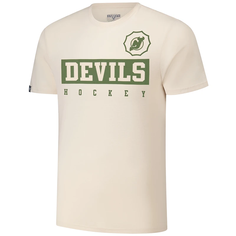 Men's Levelwear Jack Hughes Khaki New Jersey Devils 2024 NHL Military Appreciation Richmond Delta Player Name & Number T-Shirt