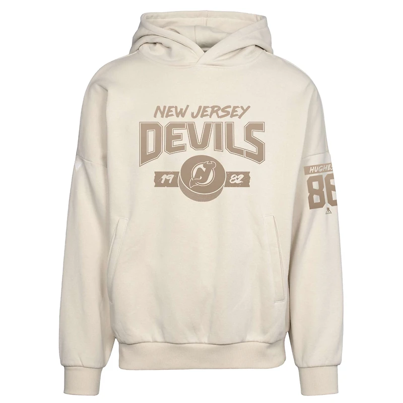 Sweat à capuche surdimensionné pour homme Jack Hughes Kaki New Jersey Devils avec nom et numéro de contact