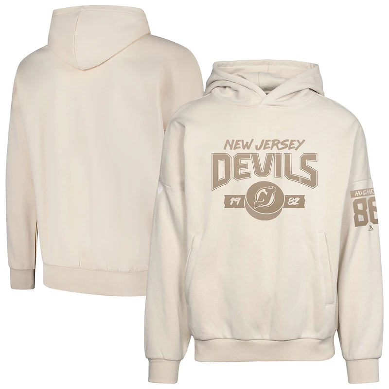 Sweat à capuche surdimensionné pour homme Jack Hughes Kaki New Jersey Devils avec nom et numéro de contact