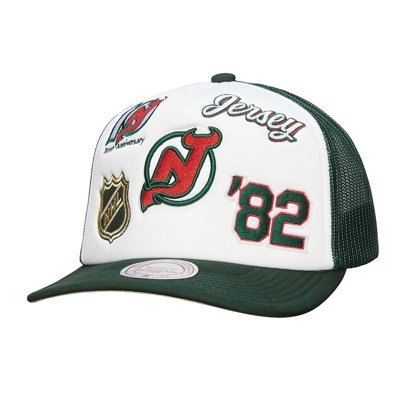 Casquette ajustable Mitchell & Ness blanche/verte pour homme, motif New Jersey Devils Gridlock Trucker