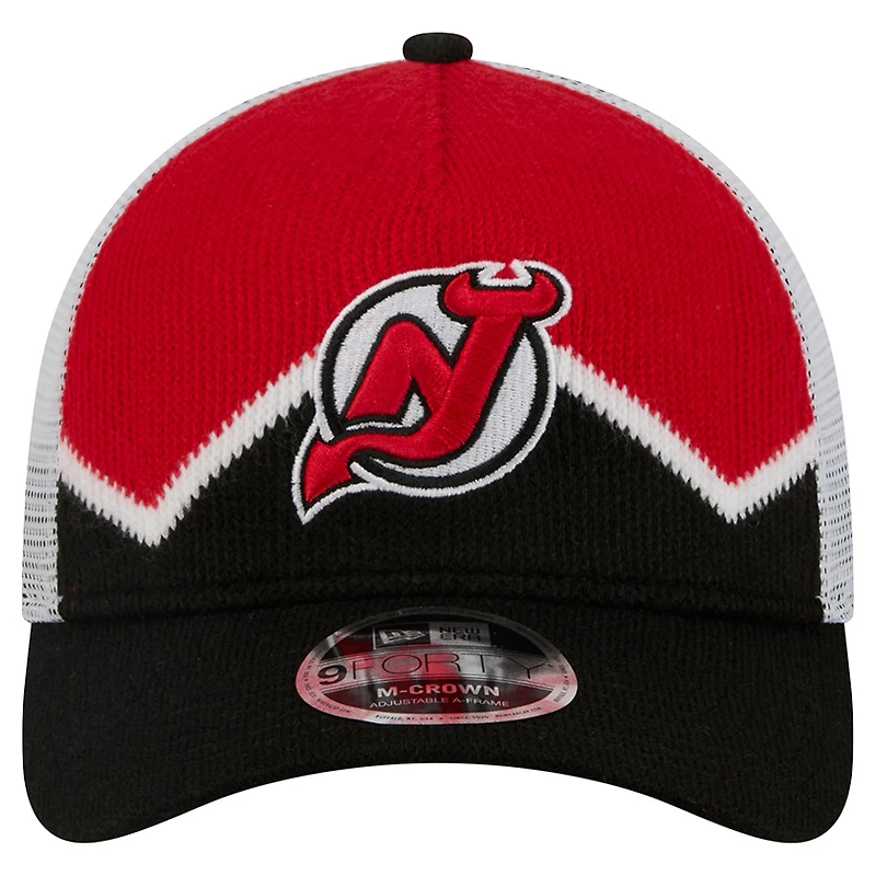 Men's New Era Black/Red New Jersey Devils Hockey Sock 9FORTY A-Frame M-Crown Adjustable Trucker Hat