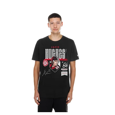 T-shirt noir New Era Jack Hughes Player Spotlight pour homme, avec nom et numéro.