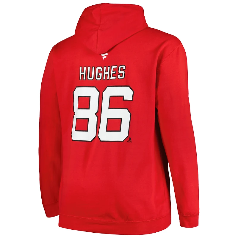 Profil pour hommes Jack Hughes Rouge New Jersey Devils Big & Tall Nom et numéro Pull à capuche