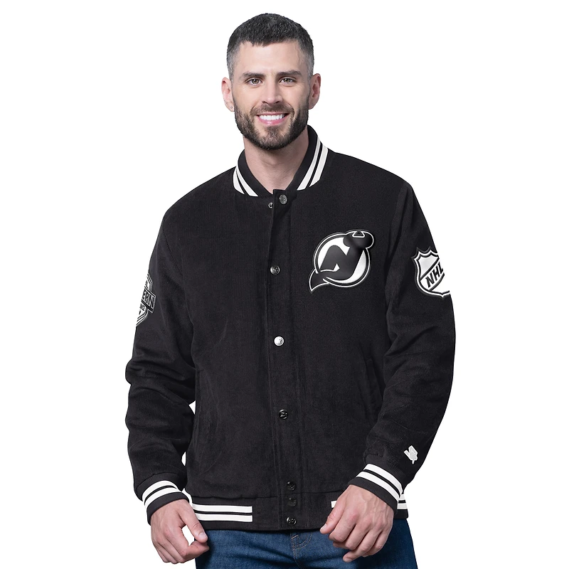 Men's Starter  Black New Jersey Devils Blackout Corduroy Full-Snap Varsity Jacket