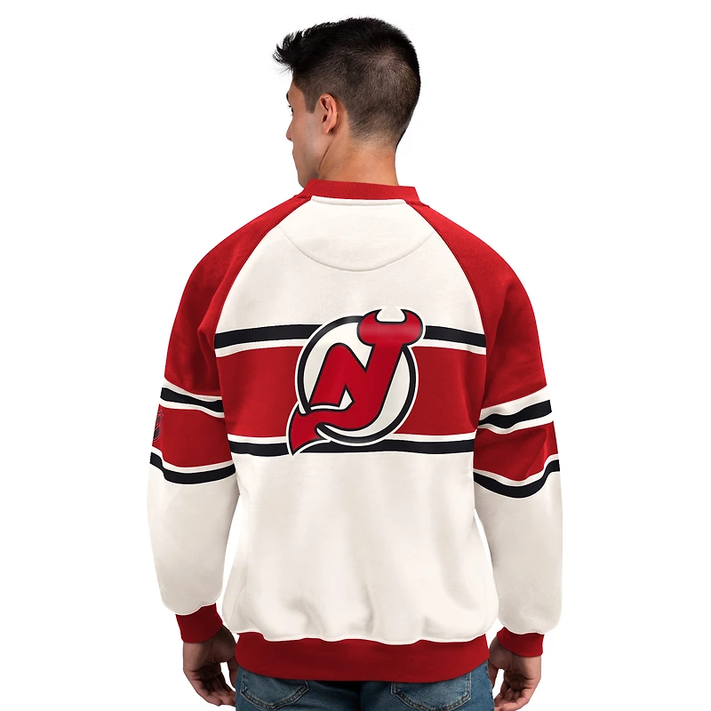 Men's Starter  White New Jersey Devils Defense Fleece Crewneck Sweatshirt