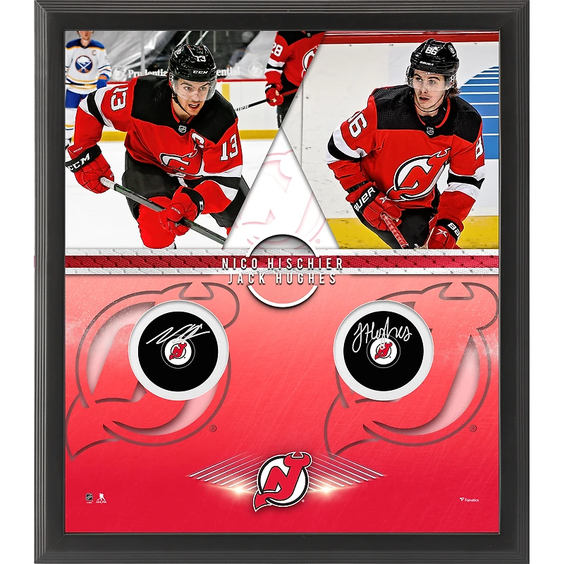 Coffret Shadowbox encadré avec rondelles de hockey autographiées de Nico Hischier et Jack Hughes des Devils du New Jersey avec rondelles de hockey