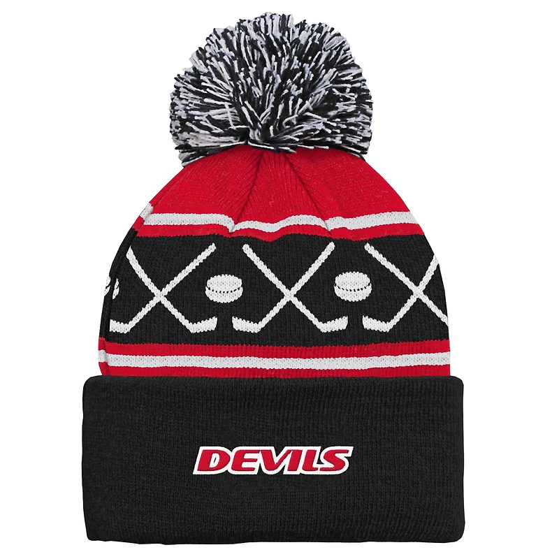 Bonnet en tricot à revers et pompon noir pour enfant d'âge préscolaire, motif Faceoff des Devils du New Jersey