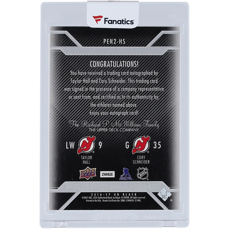 Taylor Hall & Cory Schneider New Jersey Devils Autographed 2016-17 Upper Deck Black Pro Penmenship Combos Gold Ink #PEN2-HS #10/20 Card