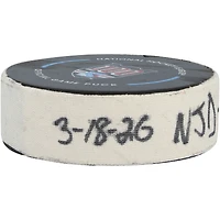 Rondelle de but utilisée par Timo Meier, des Devils du New Jersey, lors du match du 18 mars 2026 contre les Rangers de New York.