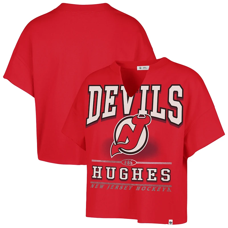 T-shirt surdimensionné à col cranté pour femme « 47 Jack Hughes » rouge New Jersey Devils Elation avec nom et numéro