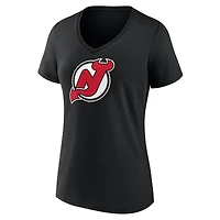 T-shirt noir à col en V pour femme avec logo principal des New Jersey Devils
