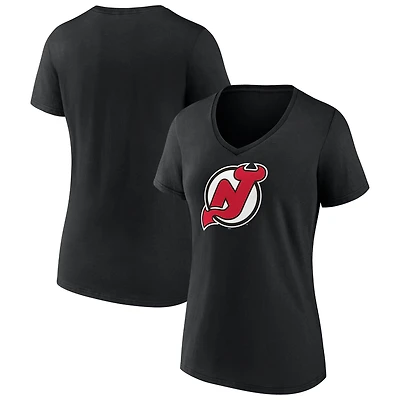 T-shirt noir à col en V pour femme avec logo principal des New Jersey Devils