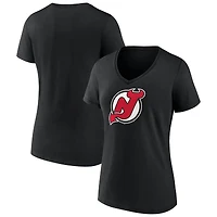 T-shirt noir à col en V pour femme avec logo principal des New Jersey Devils