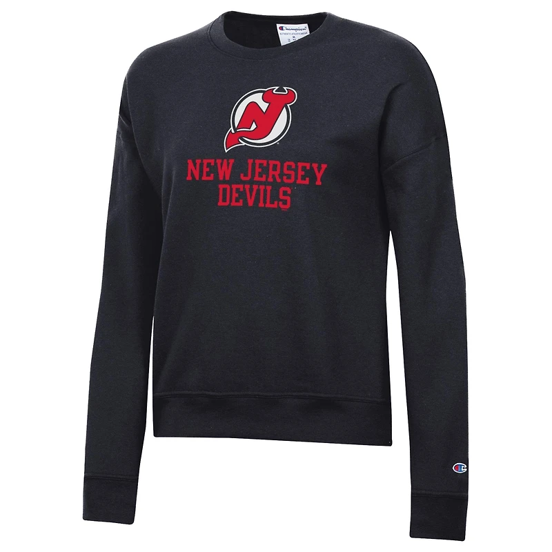 Sweat-shirt Champion noir pour femme avec logo New Jersey Devils et inscription « Wordmark Lockup Powerblend ».