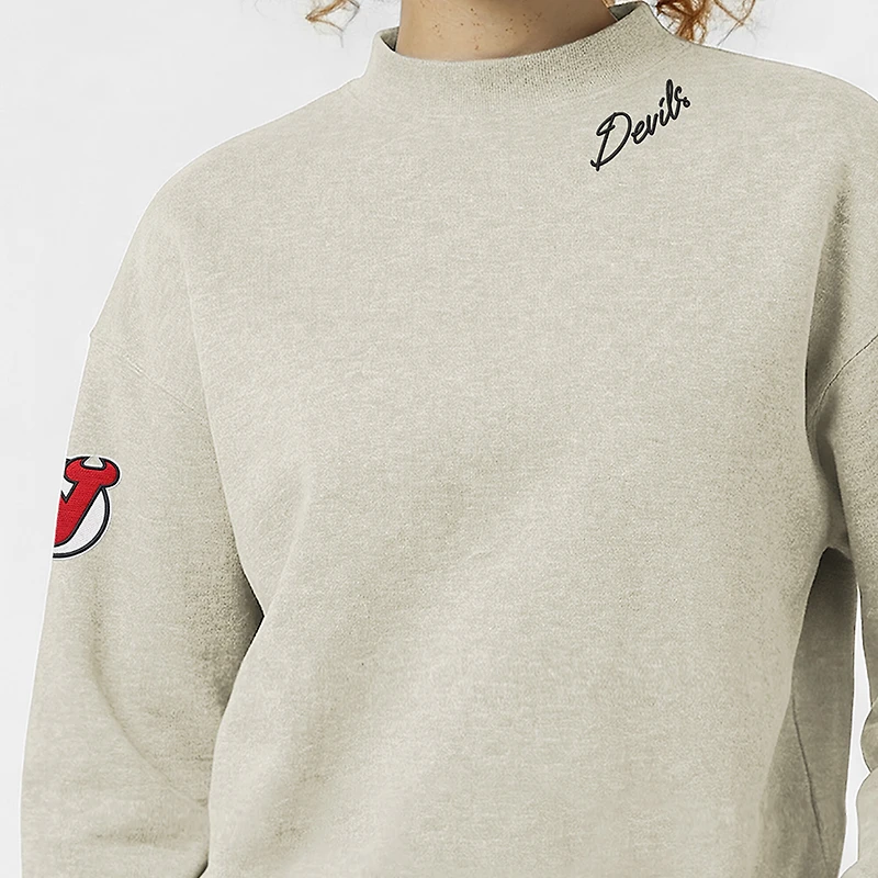 Women's Champion  Oatmeal New Jersey Devils Collar Script Triumph Fleece Crewneck Sweatshirt
