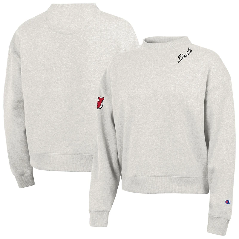 Women's Champion Oatmeal New Jersey Devils Collar Script Triumph Fleece Crewneck Sweatshirt