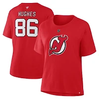 T-shirt rouge authentique avec nom et numéro Stack des Devils du New Jersey pour femme Fanatics Jack Hughes