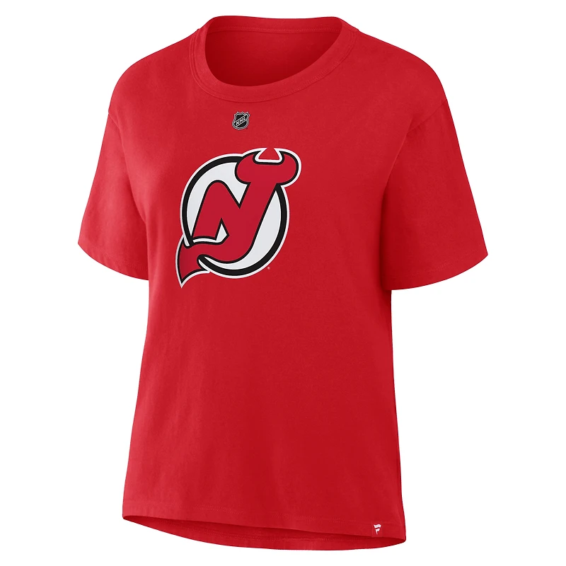 T-shirt rouge authentique avec nom et numéro Stack des Devils du New Jersey pour femme Fanatics Jack Hughes