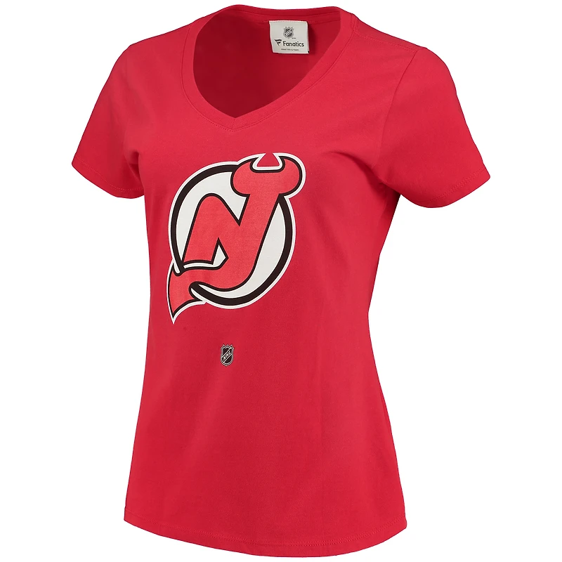 T-shirt à col en V Fanatics pour femmes, logo Nico Hischier rouge des New Jersey Devils, nom et numéro